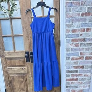 Poppies and Roses Maxi Dress Kids Blue Tiered Tie Back Sleeveless Large